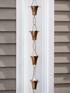 Fluted Flower Pure Copper Rain Chain, 8.5' -OW Garden Decor Shop 8600204 03v