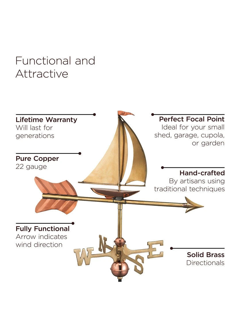 Sailboat Garden Copper Weathervane With Pole 2 Sailboat Garden Copper Weathervane With Pole - Image 2